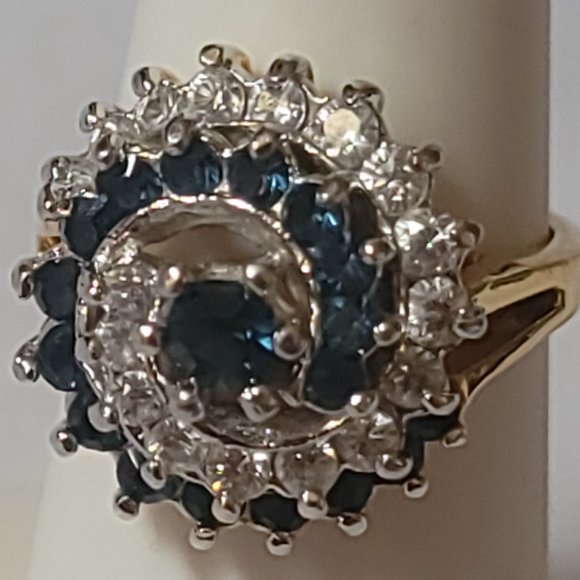 Faux Sapphire & Diamond Swirled Gold Tone Cocktail Ring Size 8 - Picture 4 of 8